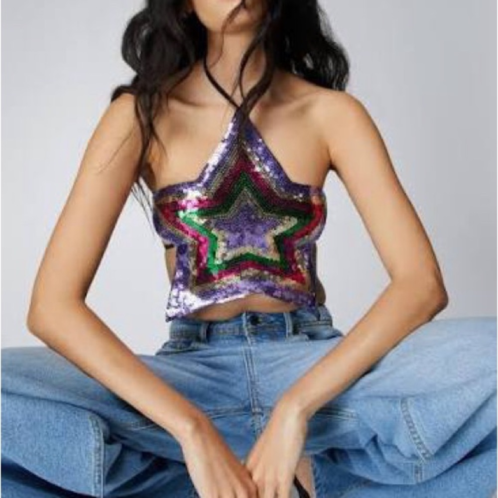 Nasty Gal Multicolor Sequin Star Crop Top